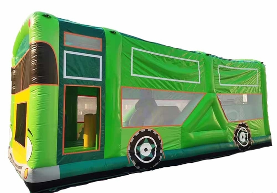 Commerciële volwassenen kinderen pastelfeest schoolbus springhuis met kleine glijbaan en hindernisbaan