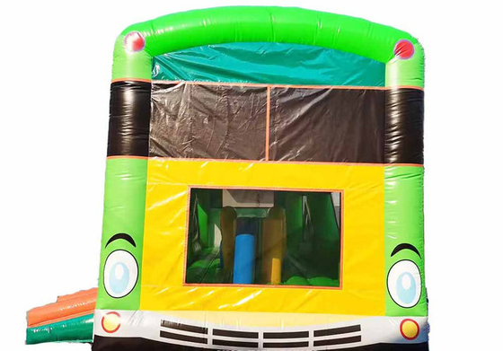Commerciële volwassenen kinderen pastelfeest schoolbus springhuis met kleine glijbaan en hindernisbaan
