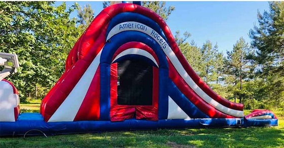 Indoor / Outdoor Fun And Play America 3 Lane Water Glijbaan Bounce House Combo Met Trap Achter