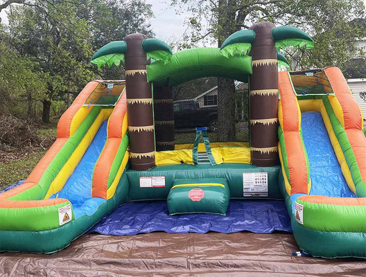 Wet of droog Dubbel glijbaan Tropisch springhuis Combo Springkasteel voor kinderen
