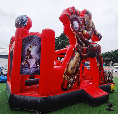 Persoonlijke opblaasbare uitsmijter met tekenfilm thema Iron Man Bounce House met glijbaan