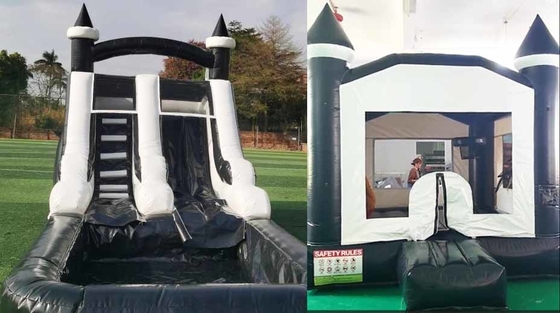 Indoor/Outdoor Zwart en Wit Tuxedo Bounce House Opblaasbare waterglijbaan voor feest