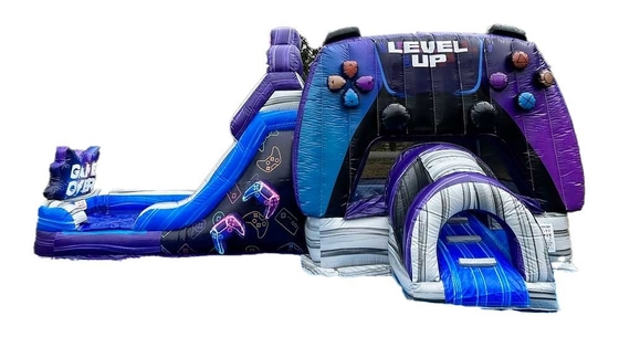 Aangepast en duurzaam level up gamer bounce huis met glijbaan voor pretpark