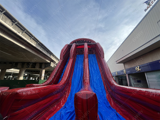 Fabriek op maat Commerciële Rode Reus Waterglijbaan Spannende Opblaasbare Glij N Vlieg Zip Line Sport Game