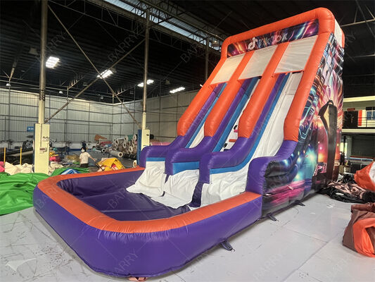 Commerciële Dubbele Baan Opblaasbare Glijbaan met Zwembad, Trendy Neon/TikTok Thema Droge/Natte Glijbaan voor Feestverhuur & Evenementen Kinderspeelsysteem