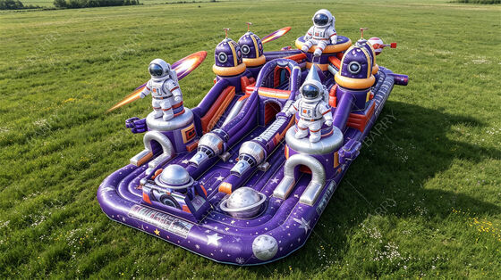 Purple Galaxy Astronaut opblaasbare speeltuin. Educatief thema springkasteel met glijbanen en planetaire obstakels. Commerciële PVC voor school- en museumevenementen.