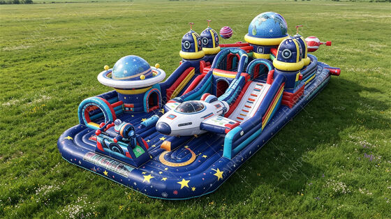 Purple Galaxy Astronaut opblaasbare speeltuin. Educatief thema springkasteel met glijbanen en planetaire obstakels. Commerciële PVC voor school- en museumevenementen.