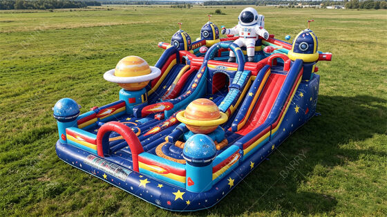 Purple Galaxy Astronaut opblaasbare speeltuin. Educatief thema springkasteel met glijbanen en planetaire obstakels. Commerciële PVC voor school- en museumevenementen.