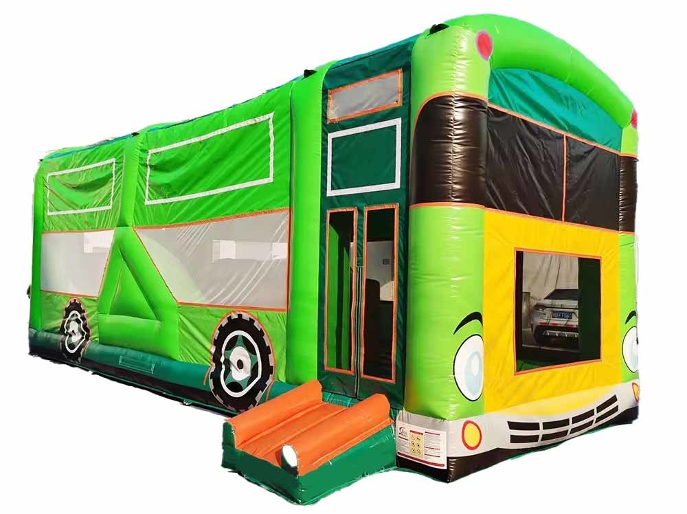 Commerciële volwassenen kinderen pastelfeest schoolbus springhuis met kleine glijbaan en hindernisbaan