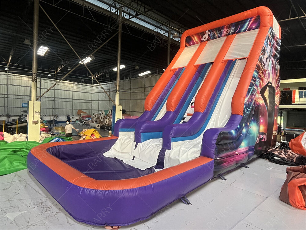 Commerciële Dubbele Baan Opblaasbare Glijbaan met Zwembad, Trendy Neon/TikTok Thema Droge/Natte Glijbaan voor Feestverhuur & Evenementen Kinderspeelsysteem