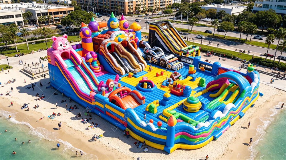 Kleurrijke gigantische opblaasbare fun city multi-activiteit bounce park met 5+ glijbanen, interactieve obstakels en springzones commercieel pvc voor grote evenementen, festivals en verhuurbedrijven