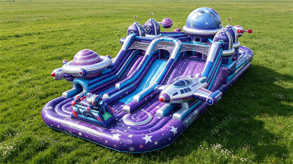 Purple Starship thema reusachtige opblaasbare speeltuin All-in-One Space Adventure Bounce Park met drievoudige glijbanen Commercieel PVC voor veel verkeer